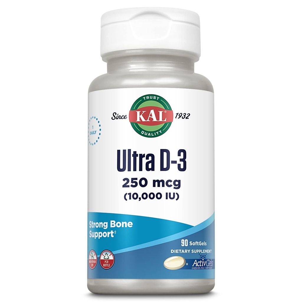 KAL Ultra Vitamin D3 10000 IU (250mcg) - High Potency Vitamin D Softgel for Women and Men - Strong Bones and Immune Support Supplement - Liquid Filled ActivGels - Made Without Soy - 90 Softgels
