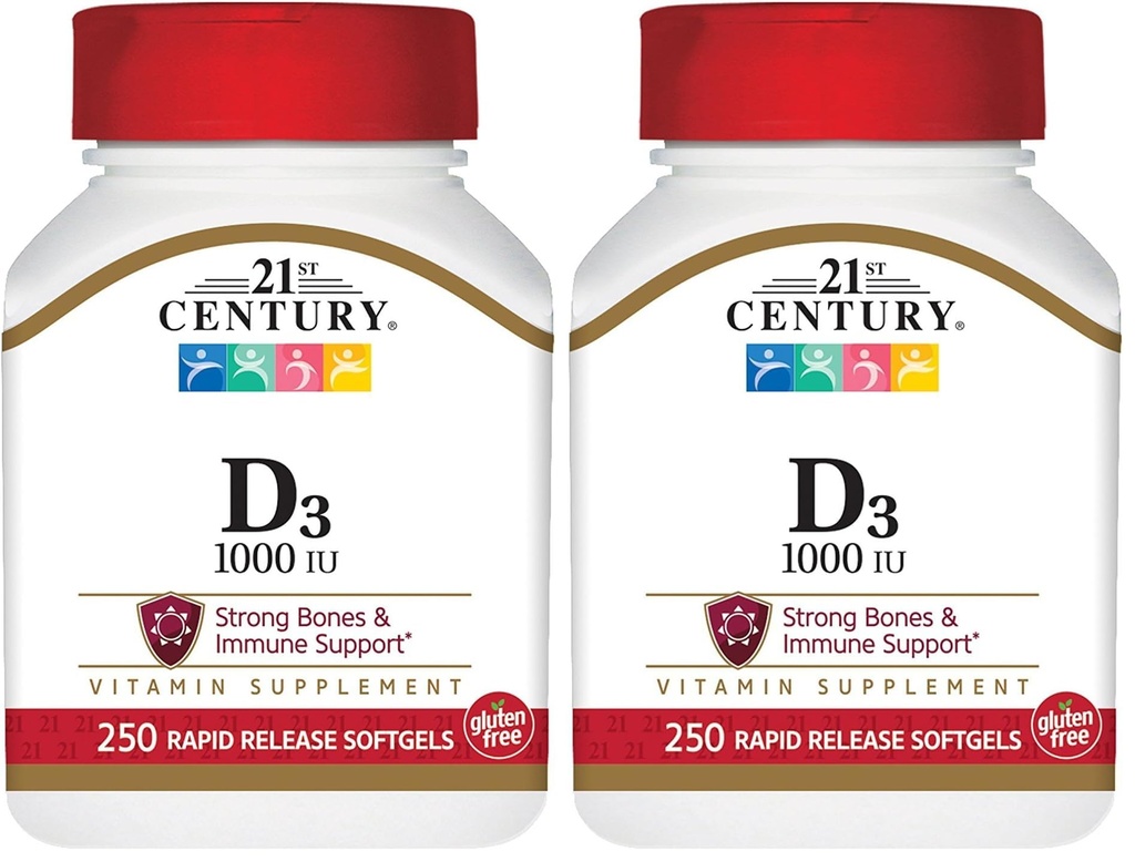 21st Century D3 1000 IU Softgels, 250 Count (27415) (Pack of 2)
