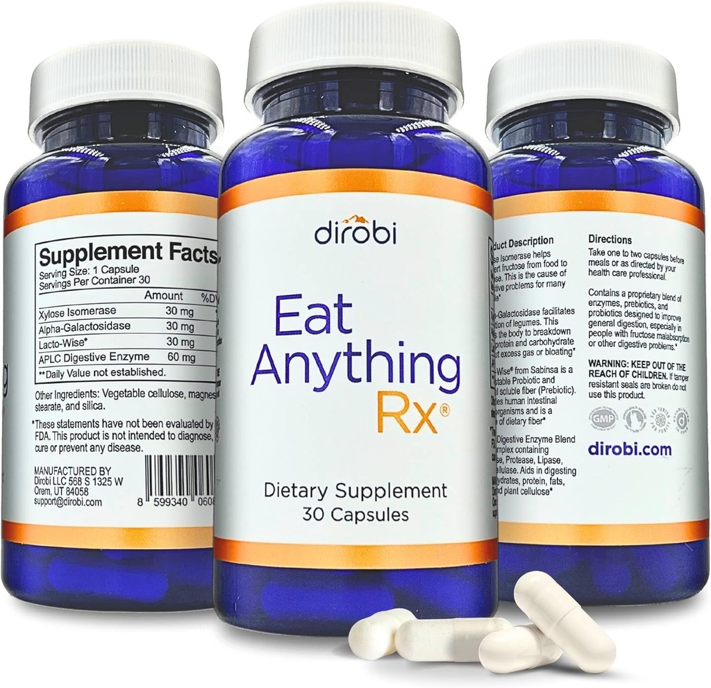 Dirobi spise noget Xylose isomerase Fructose Malabsorption enzymer, FODMAP supplement, fordøjelsesenzymer for bedre laktose, fedt, protein & kulhydrat fordøjelsesgas & bloating Relief 30 kapsler