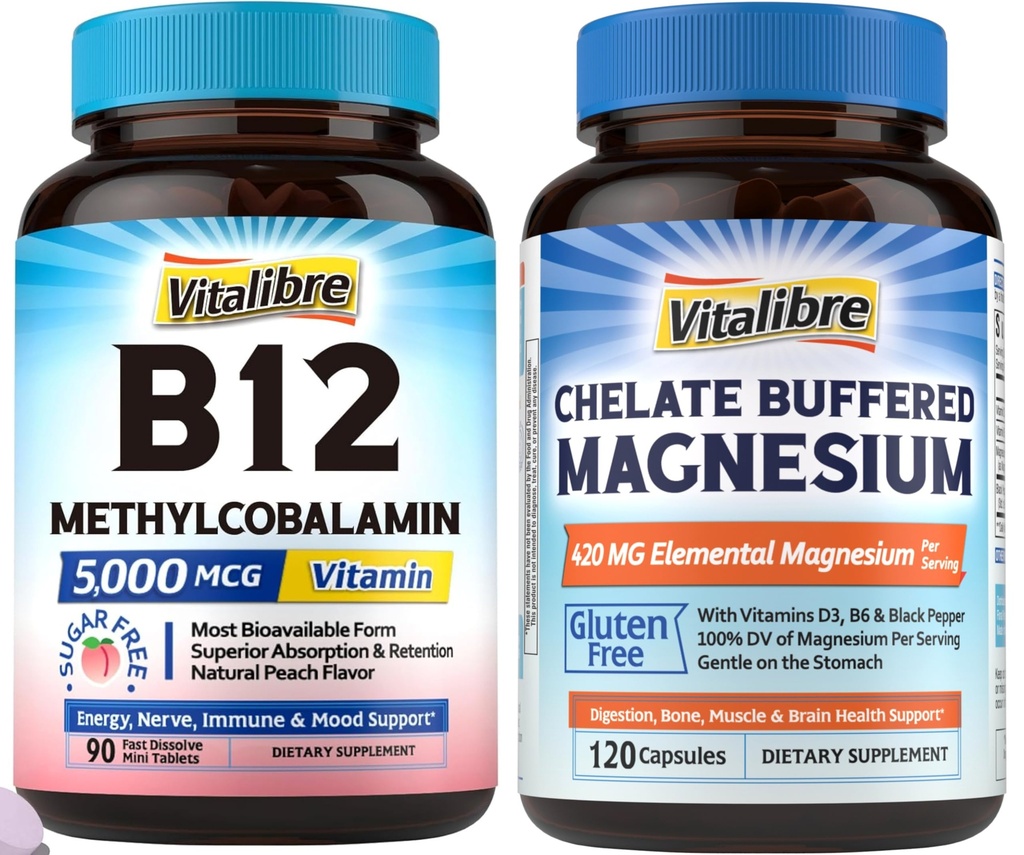 Vitalibre Vitamin B12 Sublingual 5000 mcg 90 Tablets Magnesium Citrate 420mg with Vitamin D3 & B6 120 Capsules