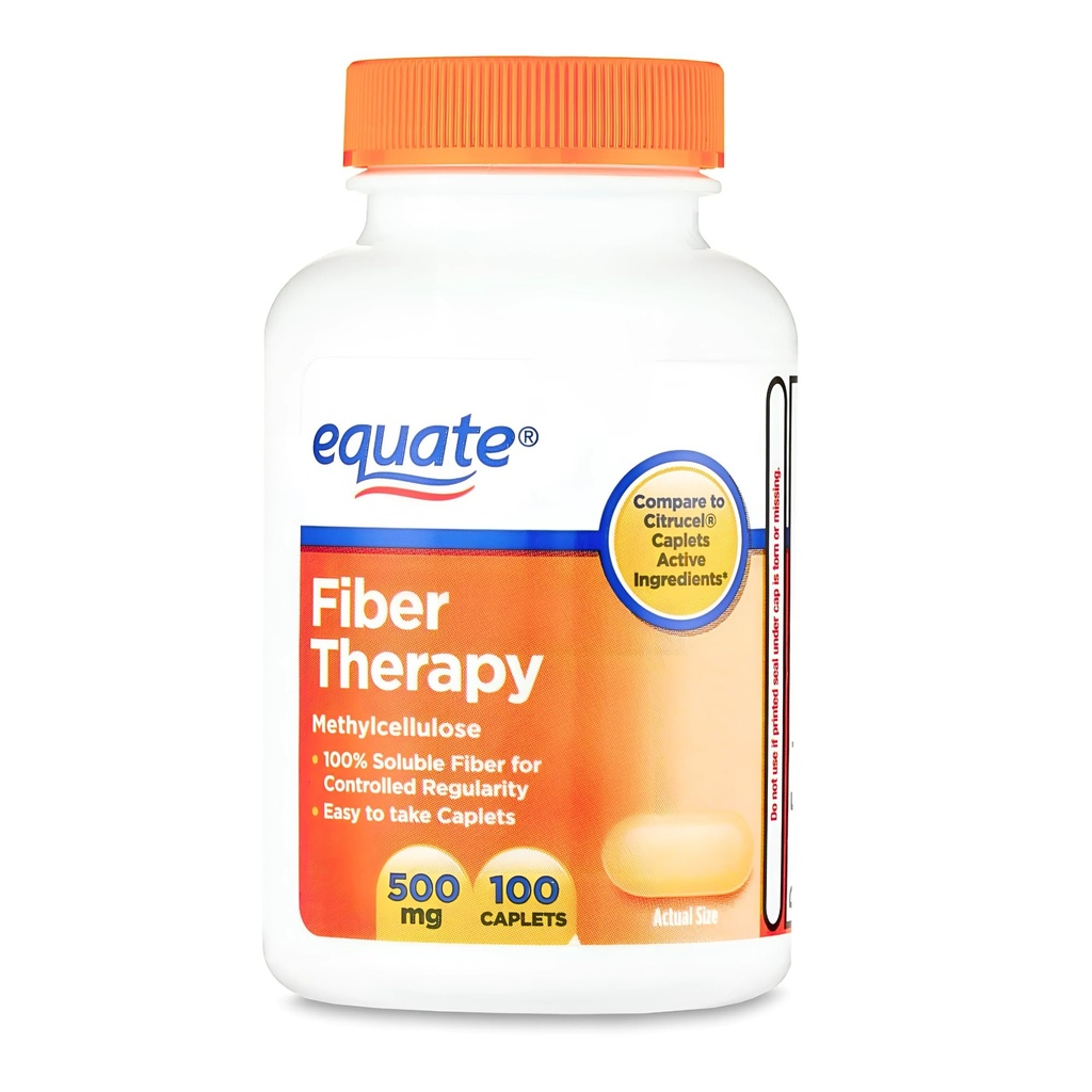 KP+ Equate Fiber Therapy Caplets with Methylcellulose 500 mg | 100 Caplets | Soluble Methylcellulose for Digestive Regularity | Gentle, Non-Stimulant Laxative | Pack of 1