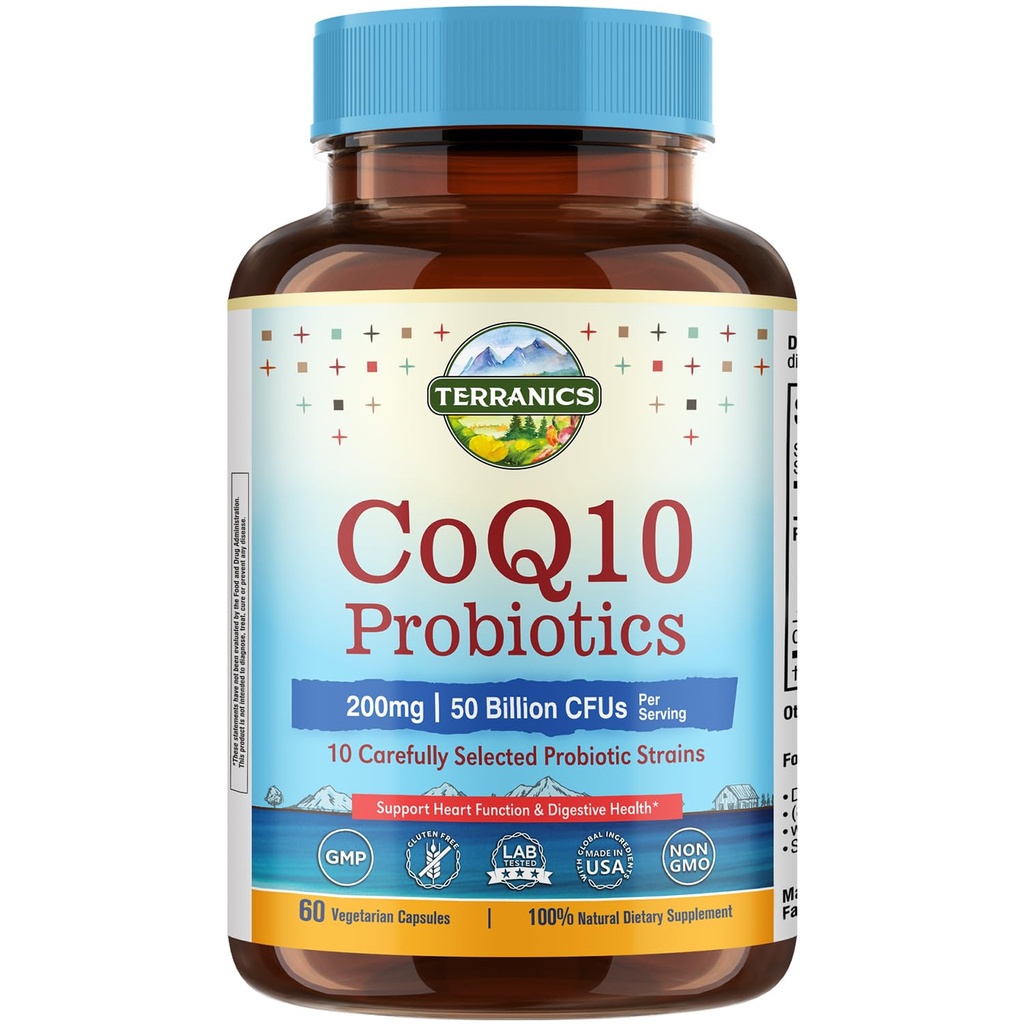 Terranics CoQ10 Probiotics for Women & Men, CoQ10 200 mg, 50 Billion CFUs 10 Probiotic Strains, for Energy Heart & Digestive Health, 60 Vegetarian Capsules