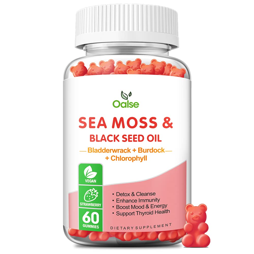 Sea Moss Gummies for voksne børn med Chlorophyll, Bladderwrack, Burdock Root, Blck Seed Oil, C-vitamin & D3, Zink, 8-in-1 Potent Formel understøtter immunsystem & Boost Energy (1-Pack)
