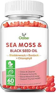 Sea Moss Gummies for voksne børn med Chlorophyll, Bladderwrack, Burdock Root, Blck Seed Oil, C-vitamin & D3, Zink, 8-in-1 Potent Formel understøtter immunsystem & Boost Energy (1-Pack)