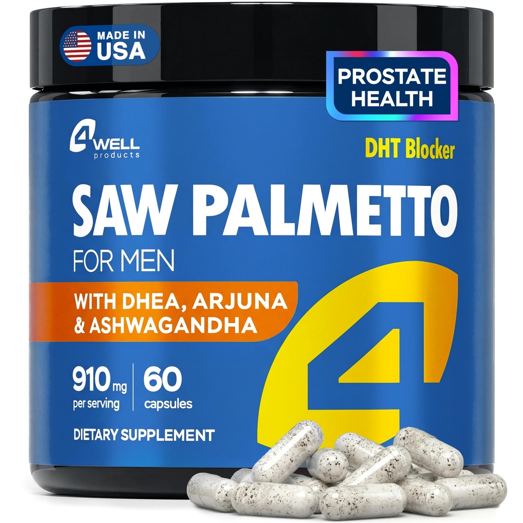 4Well Products Saw Palmetto for Men & Prostate Health Supplements with Arjuna Extract - Advanced Formula Saw Palmetto & Arjuna Bark Extract w/DHEA & Ashwagandha 900mg - DHT Blocker for Hair Support