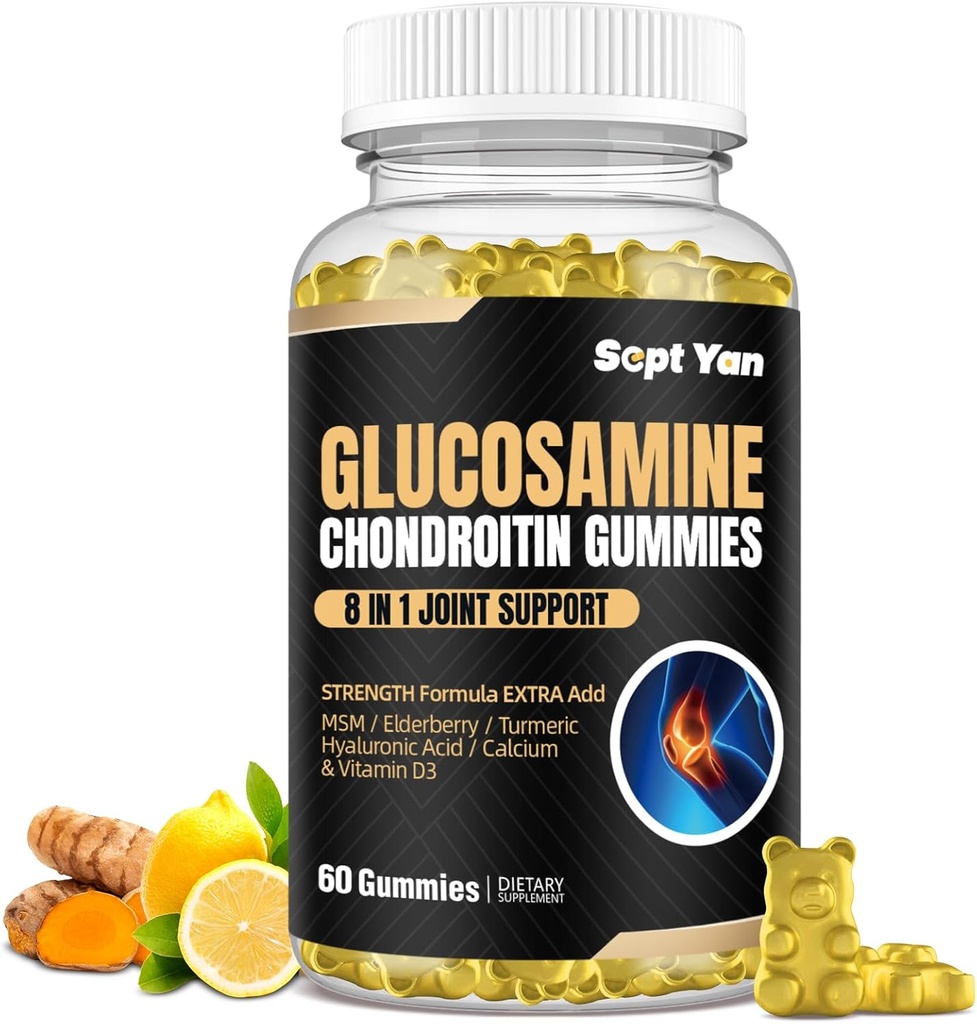Glucosamin Chondroitin Gummies - 60 fælles support kosttilskud - 1500mg ekstra styrke med MSM, Elderberry, gurkemeje - Cartiage & immunforsvar til voksne, mænd og kvinder Vegan - Let at synke