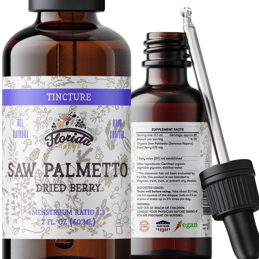 Saw Palmetto Tincture 2 oz – Organic Herbal Extract | Alcohol Free | Vegan Herbal Drops