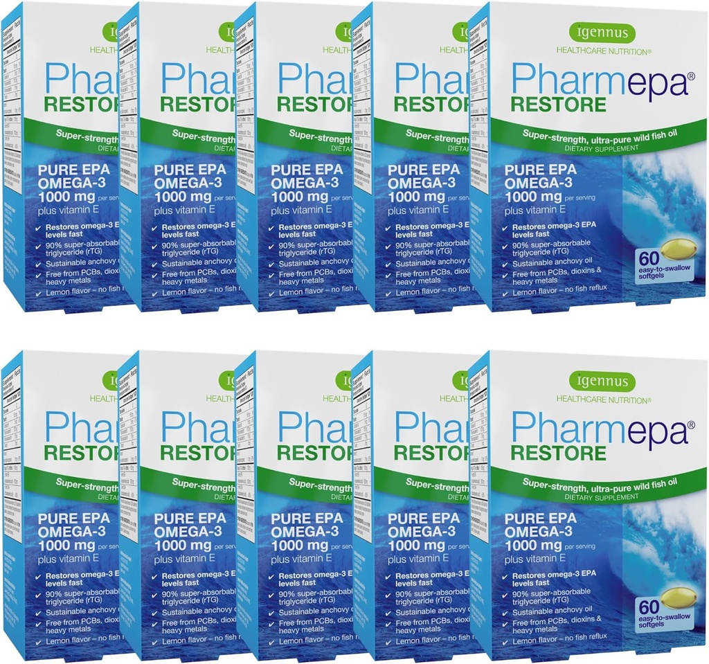 Igennus Pharmepa Gendanne, Pure EPA 1000mg, Omega 3 rTG Fish Oil, IFOS Certified, High Absorption, 90% koncentration Triple Strength, Wild & Sustainable, Lemon Flavor, 10-måned Supply, Pack of 10