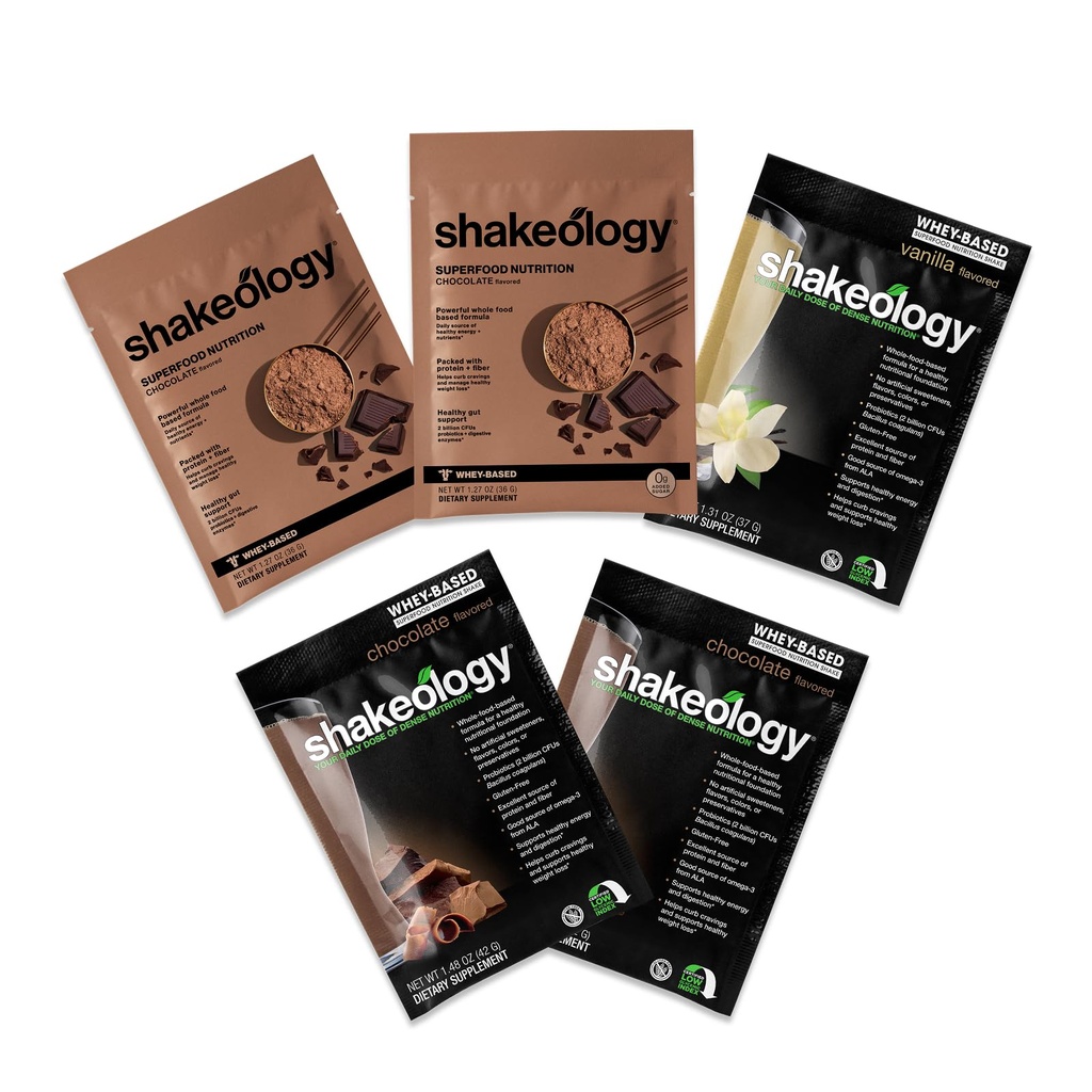 BODi Shakeology Sampler Pack Whey Protein Powder, 0g Added Sugar, Gluten Free Superfood Protein Shake with Supergreens, Probiotics, Digestive Enzymes, Adaptogens, Vitamins, 16g Protein per Serving