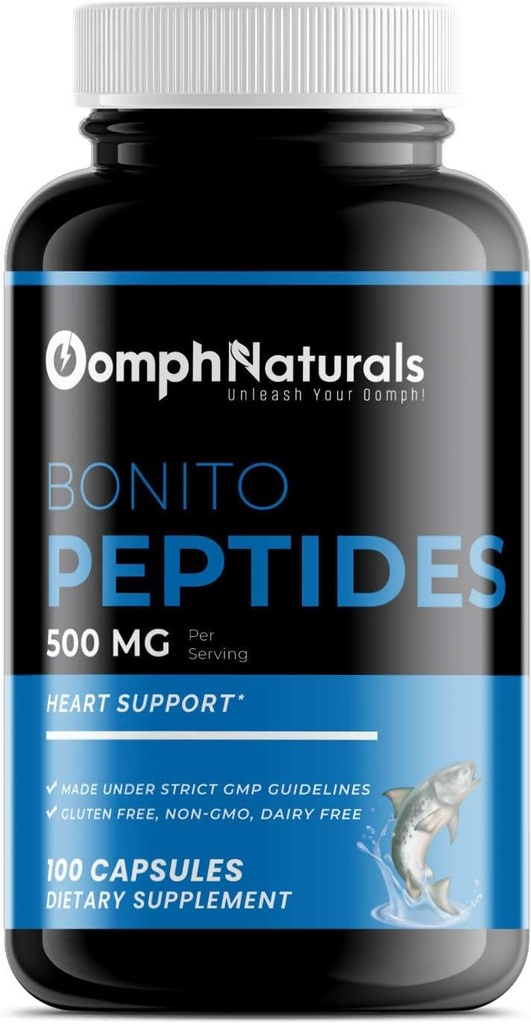 Bonito Peptider, 500mg Bonito Fish Extract, 100 Capsules 100 Day Supply, Non- GMO, Gluten Free, Supplement for Heart Health