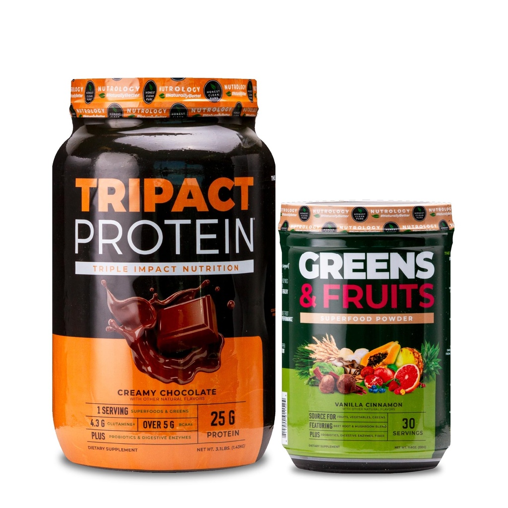 Nutrology TRIPACT Protein Powder, 7-in-1 Meal Replacement Shake, Creamy Chocolate (40 Servings) Greens & Fruits Powder-Naturally Sourced Superfood, Vanilla Cinnamon (30 Servings)