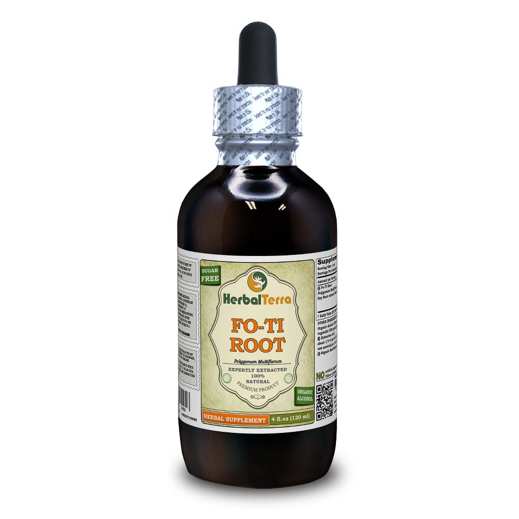 Fo-Ti Root (Polygonum Multiflorum) Tincture, Organic Dried Roots Liquid Extract (Brand Name: HerbalTerra, Proudly Made in USA) 4 fl.oz (120 ml)