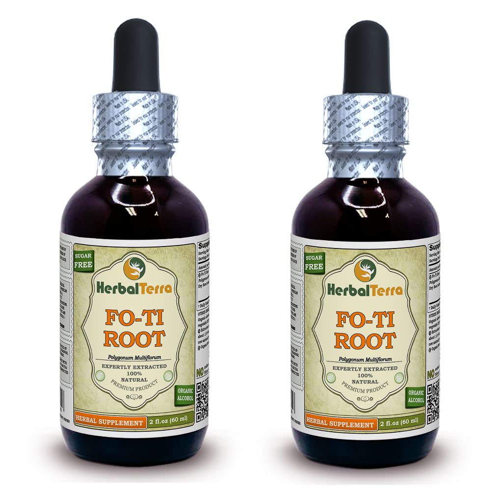 Fo-Ti Root (Polygonum Multiflorum) Tincture, Organic Dried Roots Liquid Extract (Brand Name: HerbalTerra, Proudly Made in USA) 2x2 fl.oz (2x60 ml)