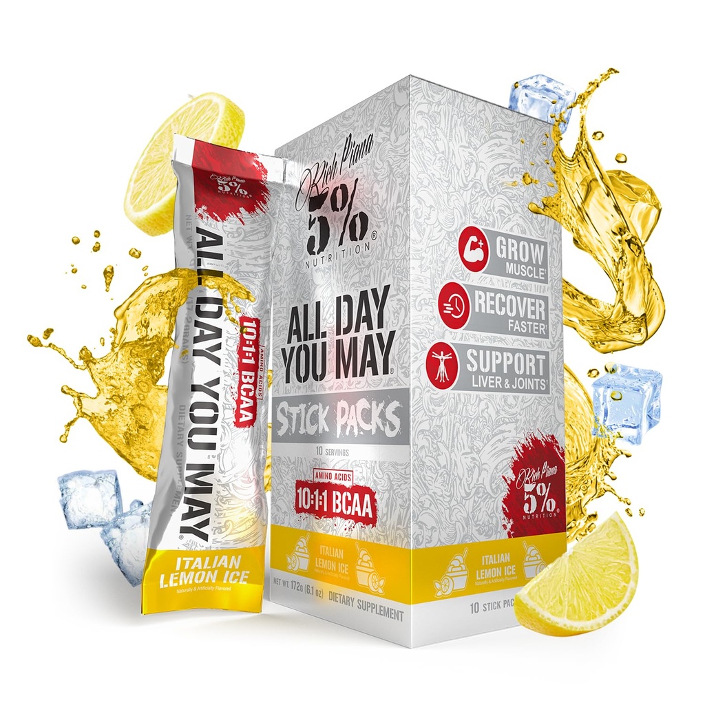 5% Nutrition Rich Piana AllDayYouMay BCAA Powder Stick Packs | Hydration Powder Packets | Electrolyte Drink Mix | Muscle Endurance & Recovery | Vegan & Keto | (Italian Lemon Ice) (10 Count)