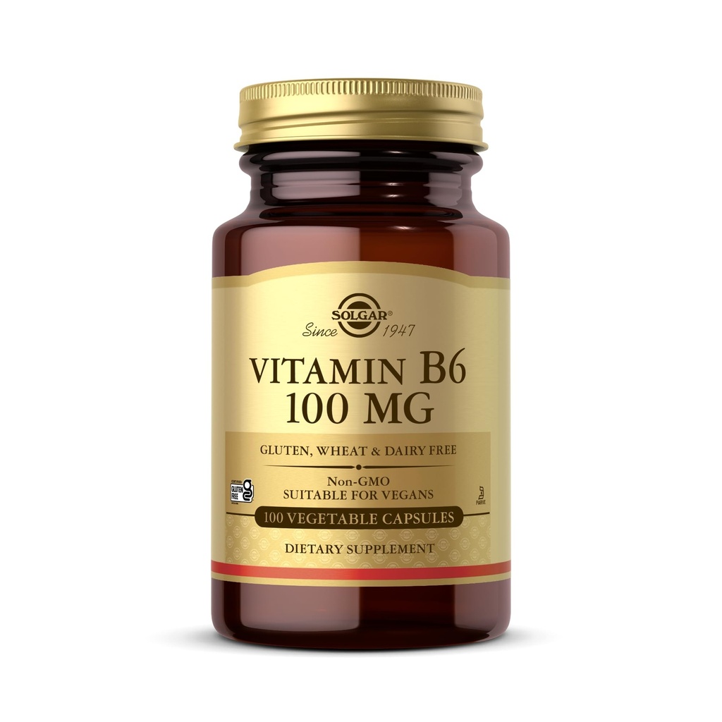 Solgar Vitamin B6 100 mg - 100 Vegetabilske kapsler - non-GMO, Vegan, Gluten Free, Dairy Free, Kosher, Halal - 100 Servere