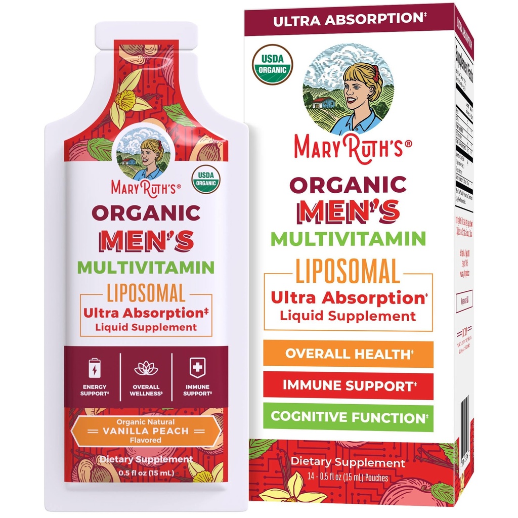 MaryRuth Organics Multivitamin for Men | USDA Organic | Sugar Free Mens Multivitamin Liposomal | Liquid Vitamins for Men | Immune Support Supplement & Overall Wellness | Vegan | 14-0.5 Fl Oz Pouches