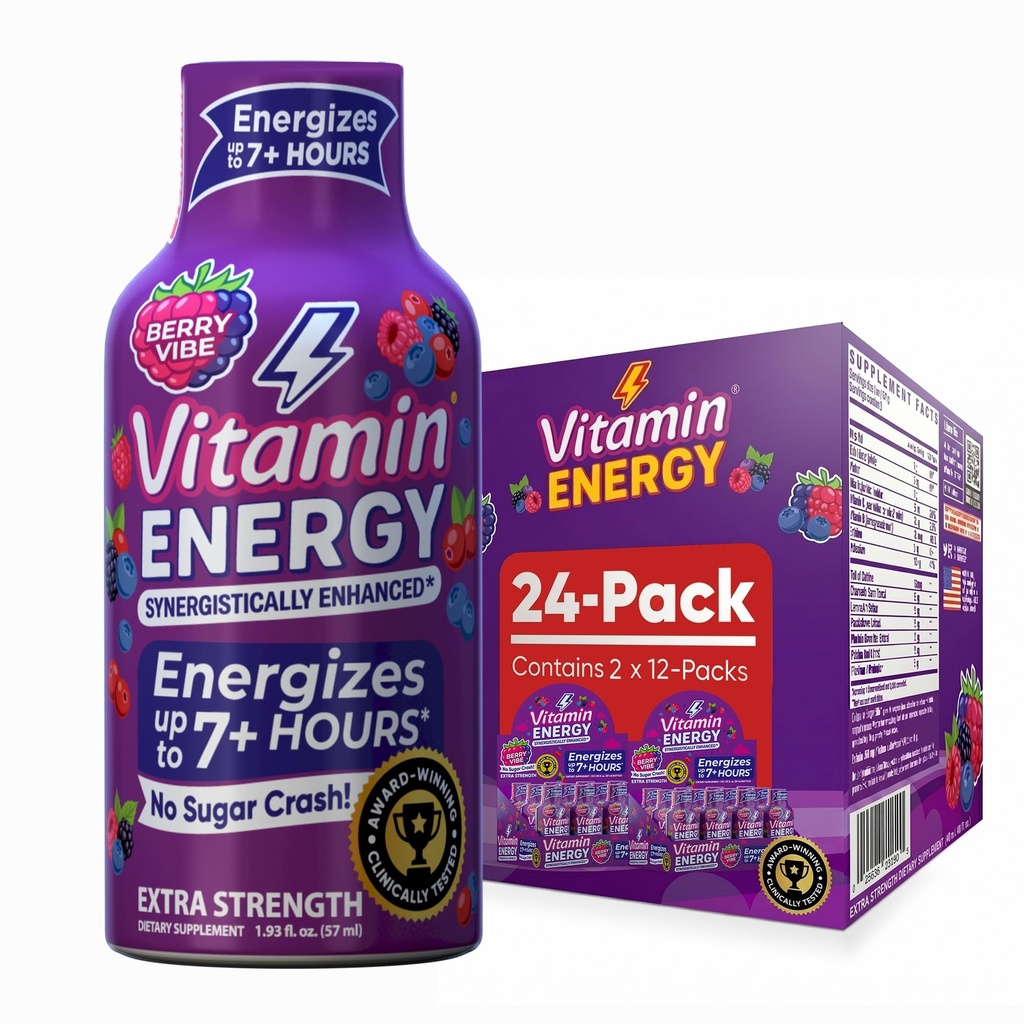 Vitamin Energy Mood + Ekstra Styrke Energi Shot Tropisk Berry 24 Pack, 260mg Naturlig Koffein, B- Vitaminer, Rhodiola, Kamille, Mood & Energy Support, Zero Sugar, Gluten- Free, Vegan, 1,93 fl oz