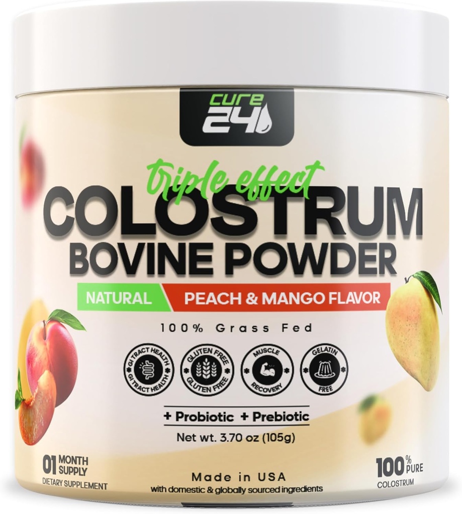 Bovin X3 Colostrum Supplement Pulver til mennesker, 100% Pure hele naturlige grass Fed Superfood, High IgG, Plus Probiotic & Prebiotic, Natural Peach- Mango Flavor, Lavet i USA
