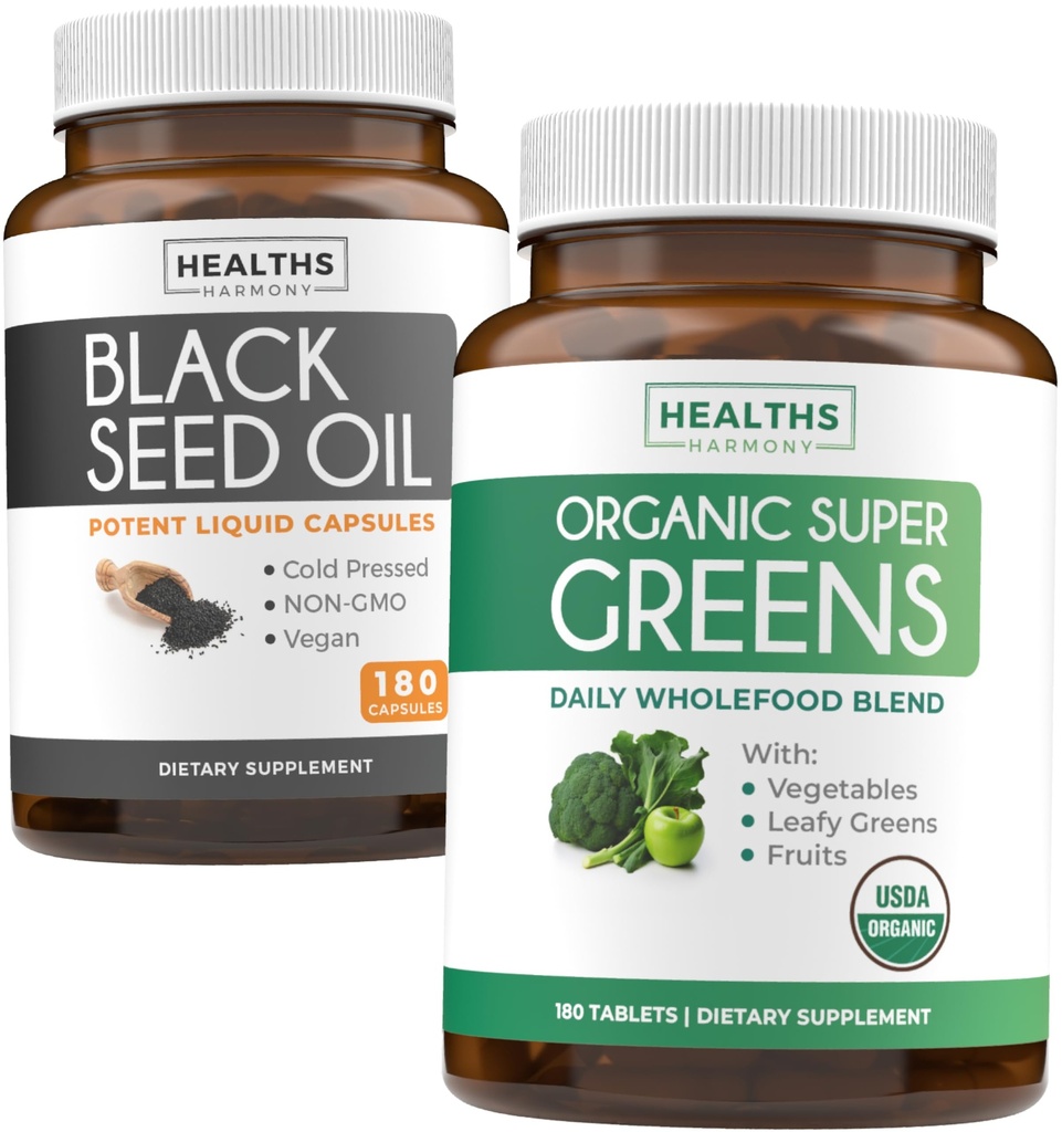 Black Seed Oil & Organic Super Greens (3-måned Supply) Seed & Sprout Bundle of Black Seed Oil (180 kapsler) Cold- presset Nigella Sativa & Organic Super Green Powder (180 tabletter) Complete Superfood