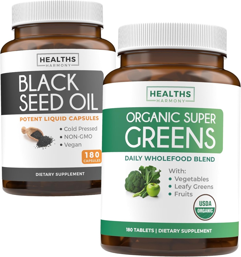 Black Seed Oil & Organic Super Greens (3-måned Supply) Seed & Sprout Bundle of Black Seed Oil (180 kapsler) Cold- presset Nigella Sativa & Organic Super Green Powder (180 tabletter) Complete Superfood