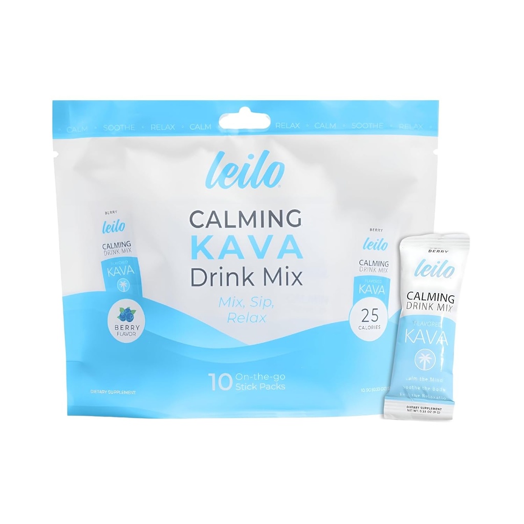 LEILO Calming Kava Drink Mix 124; Berry Flavored pulver til støtte relaxation Beeg 124; Non- Alkoholic / Adaptogen Mocktail Mix 124; (10 Ct. / Servering)