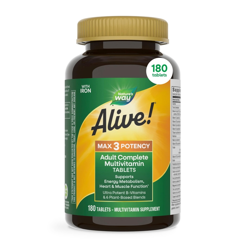 Naturen er i live! Max3 Potency Daily Multivitamin, Metyleret B12 og Folate, Ultra Potency B- vitaminer til at understøtte energi Metabolisme *, 180 tabletter