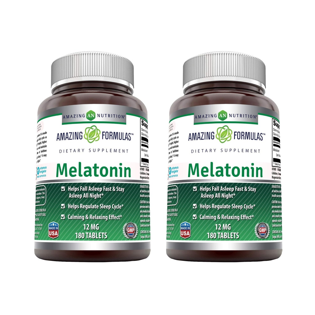 Amazing Formulas Melatonin 12 mg Per Serving Tablets Supplement | Non-GMO | Gluten Free | Made in USA (180 | 2 Pack)