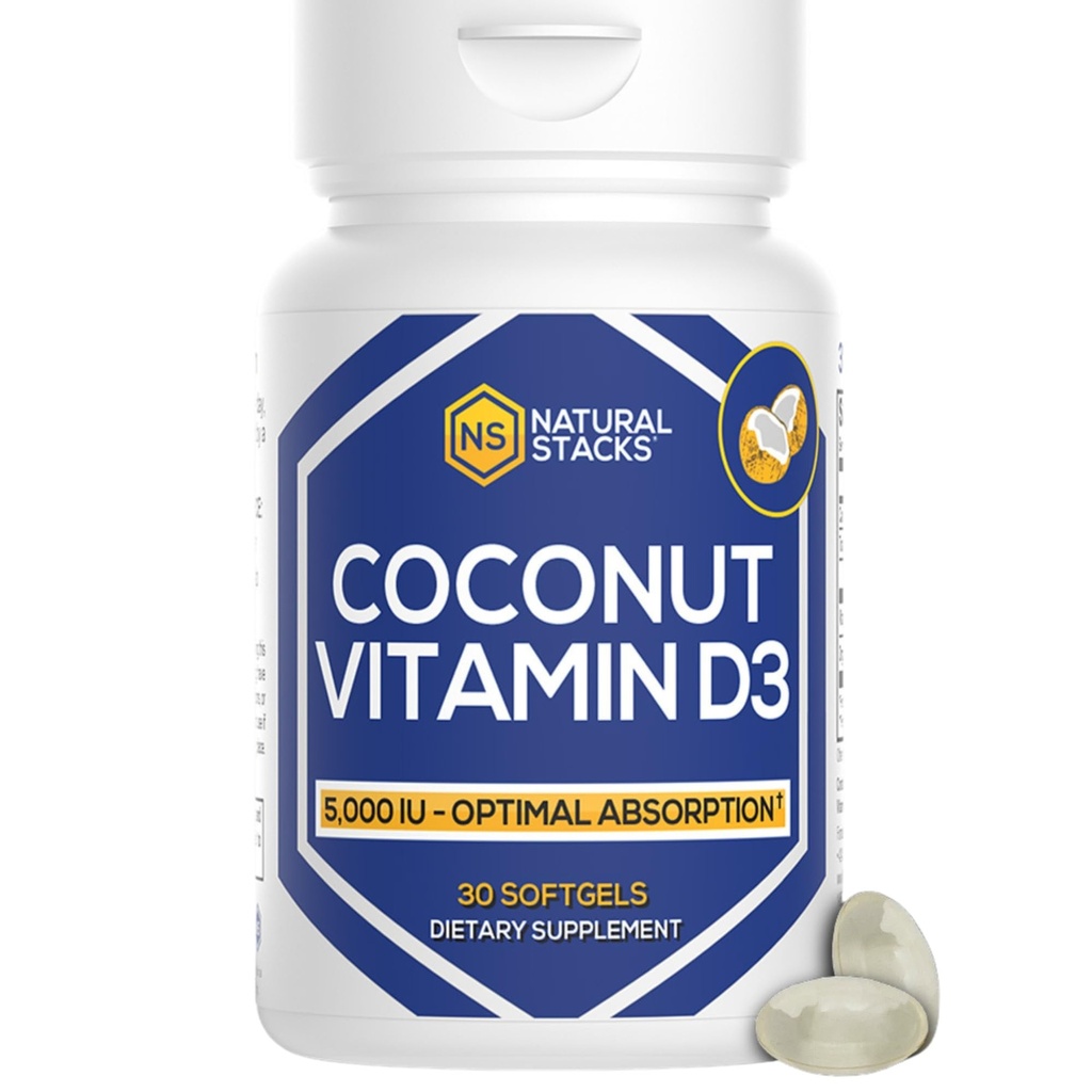 NATURLIGE STAKKER D-vitamin 5000 IE tillæg - med kokos olie til optimal absorption - vitamin D piller til immunitet & cellevækst - D3 125mcg Cholecalciferol tillæg - 30 D3 Servere
