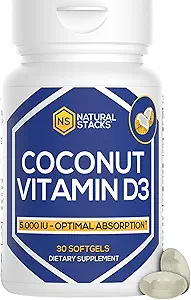 NATURLIGE STAKKER D-vitamin 5000 IE tillæg - med kokos olie til optimal absorption - vitamin D piller til immunitet & cellevækst - D3 125mcg Cholecalciferol tillæg - 30 D3 Servere