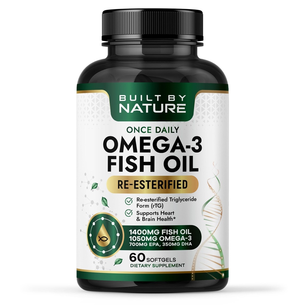 Built by Nature Omega 3 Fish Oil 1400 mg – Re-esterified Triglyceride Form (rTG) Fish Oil with High EPA & DHA – Omega-3 Supplement for Women & Men – 60 Softgels