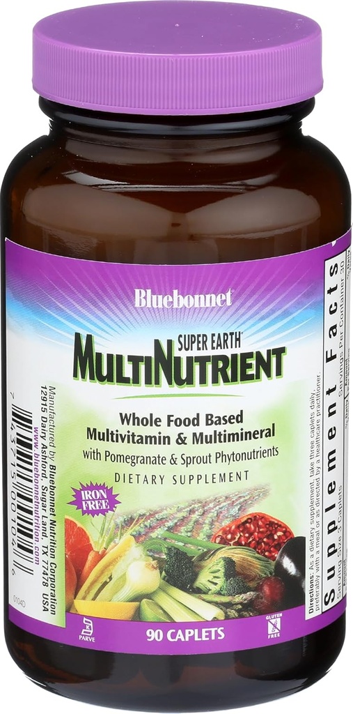 Bluebonnet Nutrition Super Earth * MultiNutrient Formel (Iron Free), for Daily Nutritional Support *, Gluten- Free, Kosher Certified, Dairy Free, Vegetarisk Friendly, 90 Caplets, 30 Servere