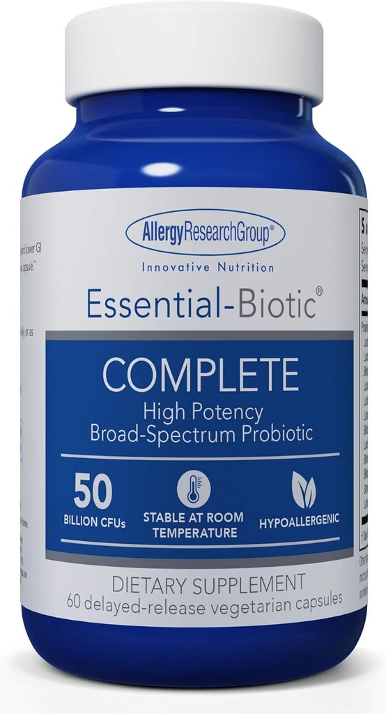 Allergy Research Group Essential- Biotic Complete Supplement - Høj potens Probiotika for mænd og kvinder, Understøtter Gut & fordøjelsessundhed, 50 milliarder CFU 'er, Delayed- Release Vegetariske Kapsler - 60 Greve