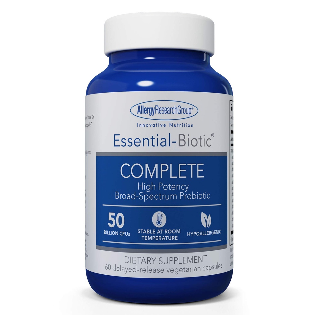 Allergy Research Group Essential- Biotic Complete Supplement - Høj potens Probiotika for mænd og kvinder, Understøtter Gut & fordøjelsessundhed, 50 milliarder CFU 'er, Delayed- Release Vegetariske Kapsler - 60 Greve