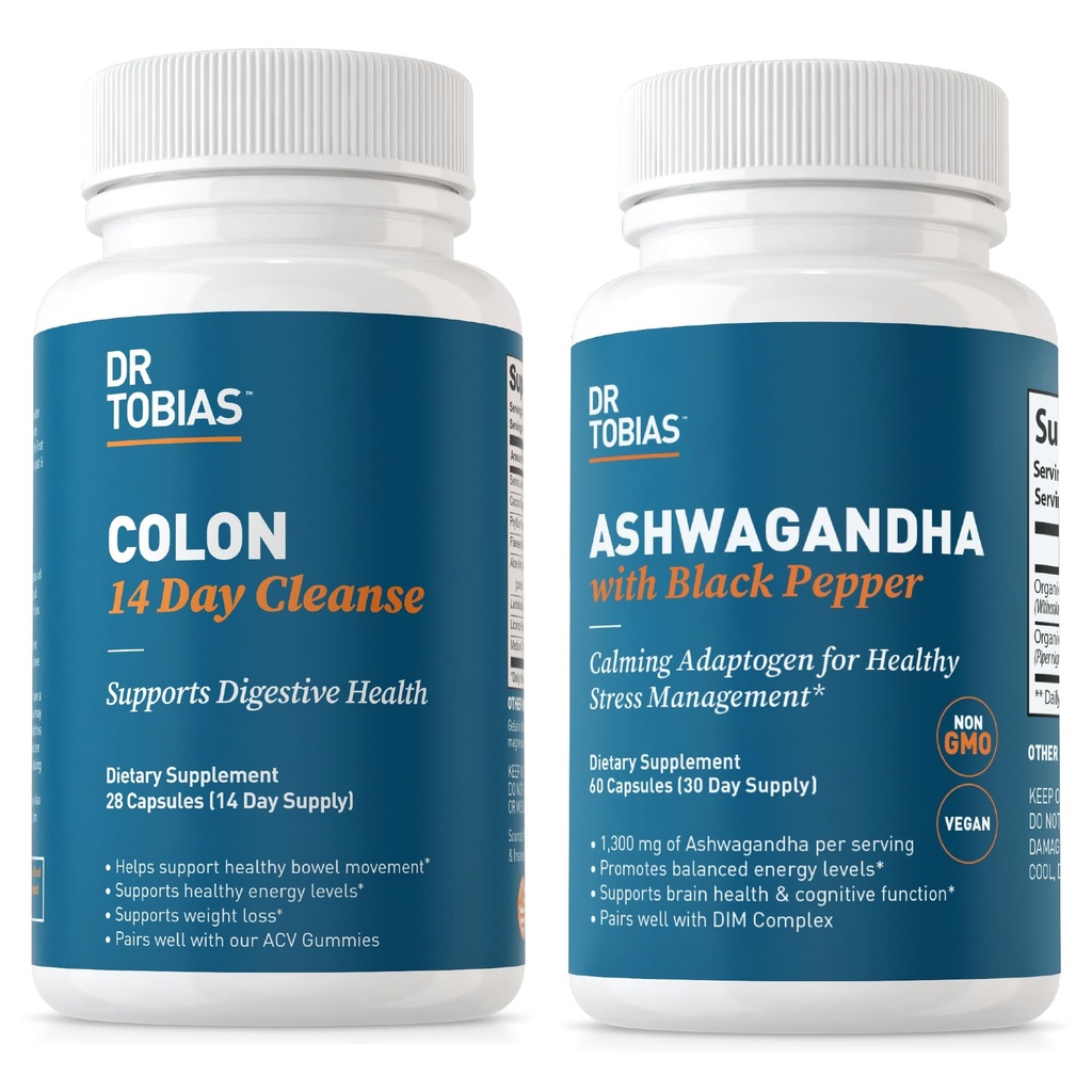 Dr. Tobias Colon 14 Day Cleanse og Ashwagandha Kapsler, Colon Cleanse Detox og Calming Adaptogen, Understøtter energi & immunsundhed, Non- GMO
