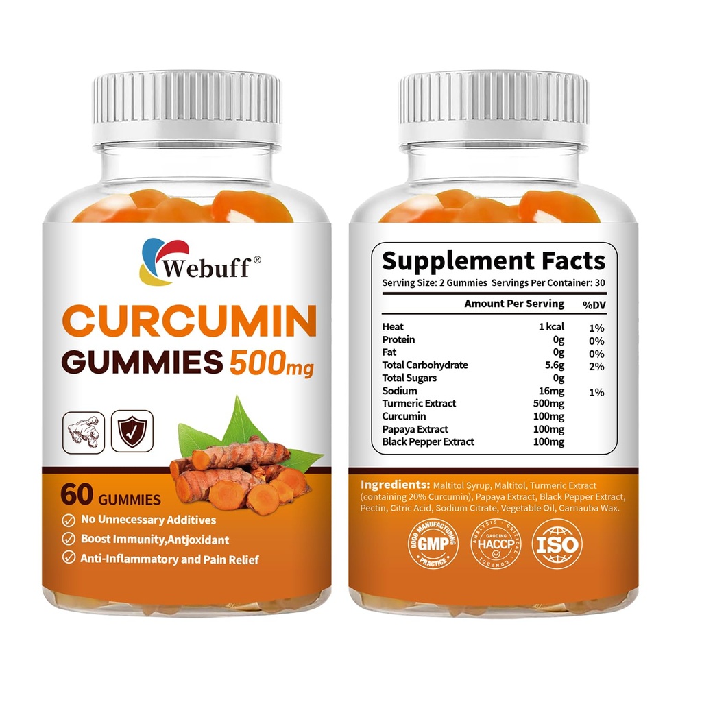 Turmeric Curcumin Gummies with Black Pepper & Ginger Turmeric and Ginger Supplement (500 mg) for Immune Support Healthy Skin and Mobility Tropical Flavor | 60 Count (60 Count (Pack of 2))