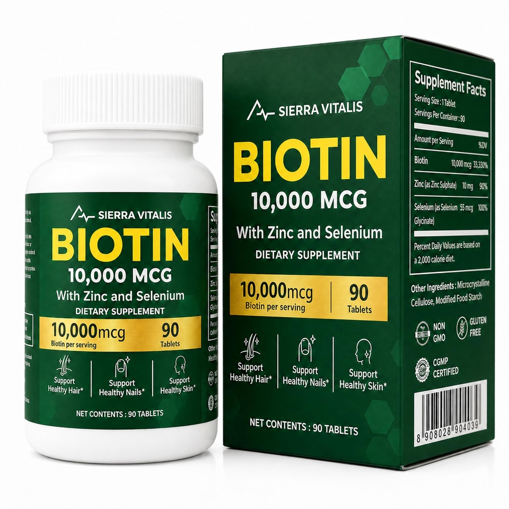 Biotin 10000mcg Hair Growth Women Men, Zinc + Selenium, 90 Tablets, Non-GMO, Gluten Free
