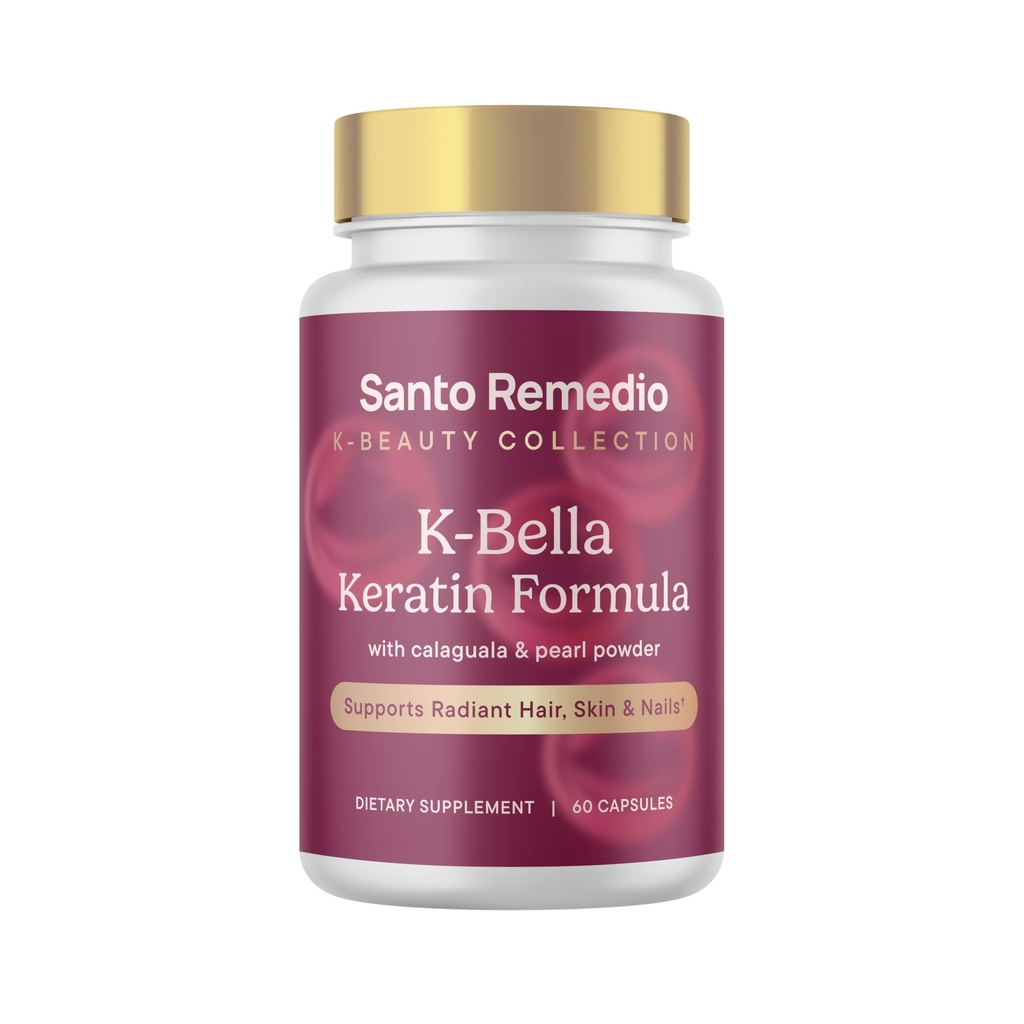 Santo Remedio K-Bella Keratin Formula, Dietary Supplement, Supports Radiant Hair, Skin, and Nails, Made with Cynatine® HNS, Calaguala, Horsetail Extract, Pearl Powder, and Biotin, 30 Servings