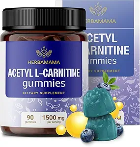 HERBAMAMA ALCAR Acetyl L- Carnitin 1500mg Gummies - L Carnitin Supplement for Energy, Focus & Brain Support - Vegan, non-GMO - 90 Pectin- based Blueberry- Flavored Chews