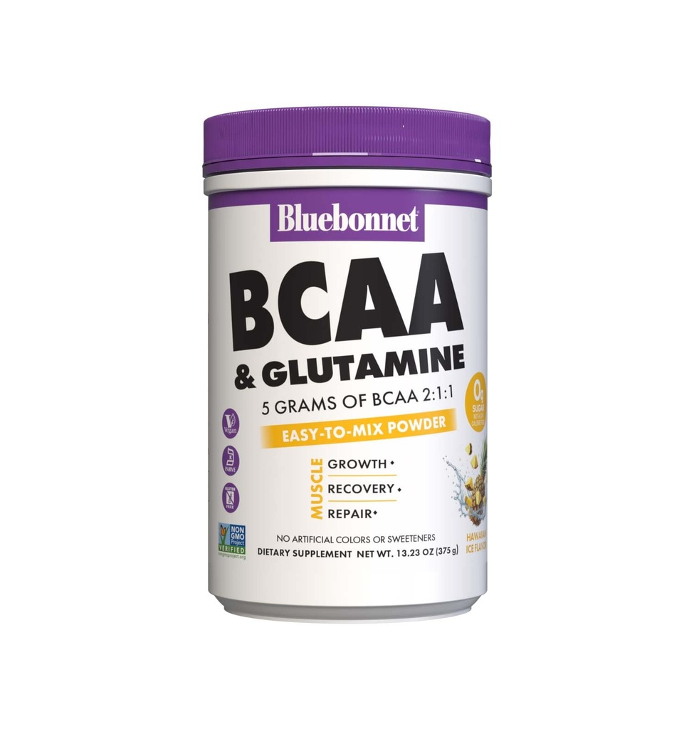 BlueBonnet Nutrition 5g BCAA 2:1:1 & 1000 mg Glutamine Powder – for Muscle Recovery & Hydration - Sugar Free, Non-GMO Project Verified– Hawaiian Ice Flavor – 30 Servings