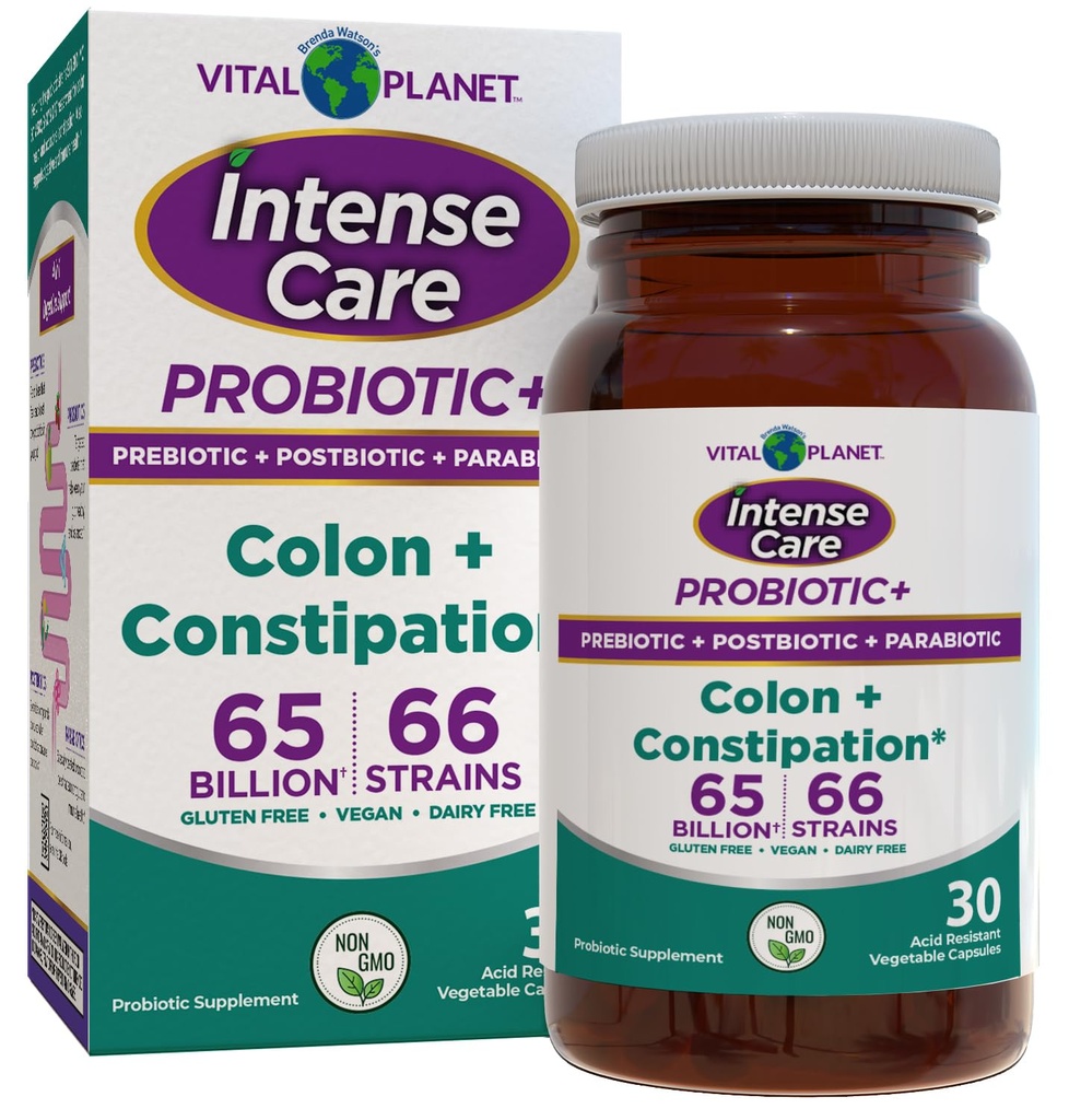 Vital Planet - Intense Care Colon & Constipation Probiotics, Prebiotics, Postbiotics, Parabiotics, 4-in-1 Refrigerated Supplement for Adults, 65 Billion CFU, 66 Strains, Digestive and Immune, 30 ct