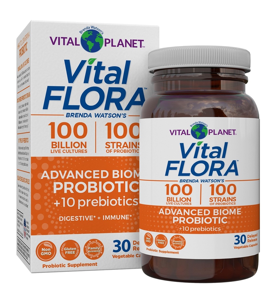 Vital Planet - Vital Flora Advanced Biome Probiotic 100 Millioner CFU, 100 Diverse Strops, 10 Organic Prebiotics, Immunsupport, Colon og fordøjelsessygdomme Probiotika til kvinder og mænd 30 Kapsler
