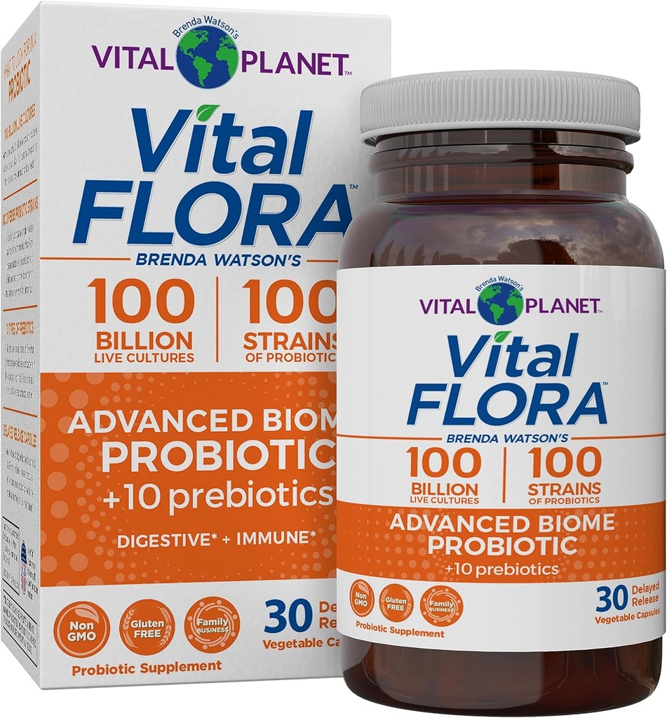 Vital Planet - Vital Flora Advanced Biome Probiotic 100 Millioner CFU, 100 Diverse Strops, 10 Organic Prebiotics, Immunsupport, Colon og fordøjelsessygdomme Probiotika til kvinder og mænd 30 Kapsler