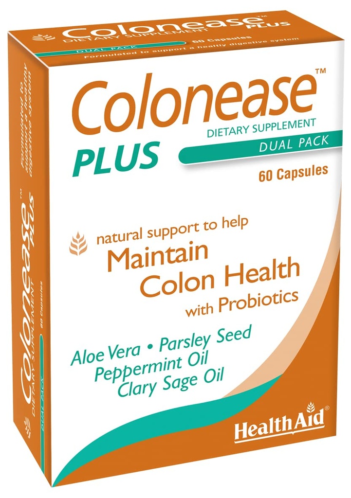HealthAid ColonEase Plus – Herbal Digestive Support with Probiotics | Aloe Vera, Peppermint Oil, Clary Sage Oil & Parsley Seed | 60 Vegetarian Capsules