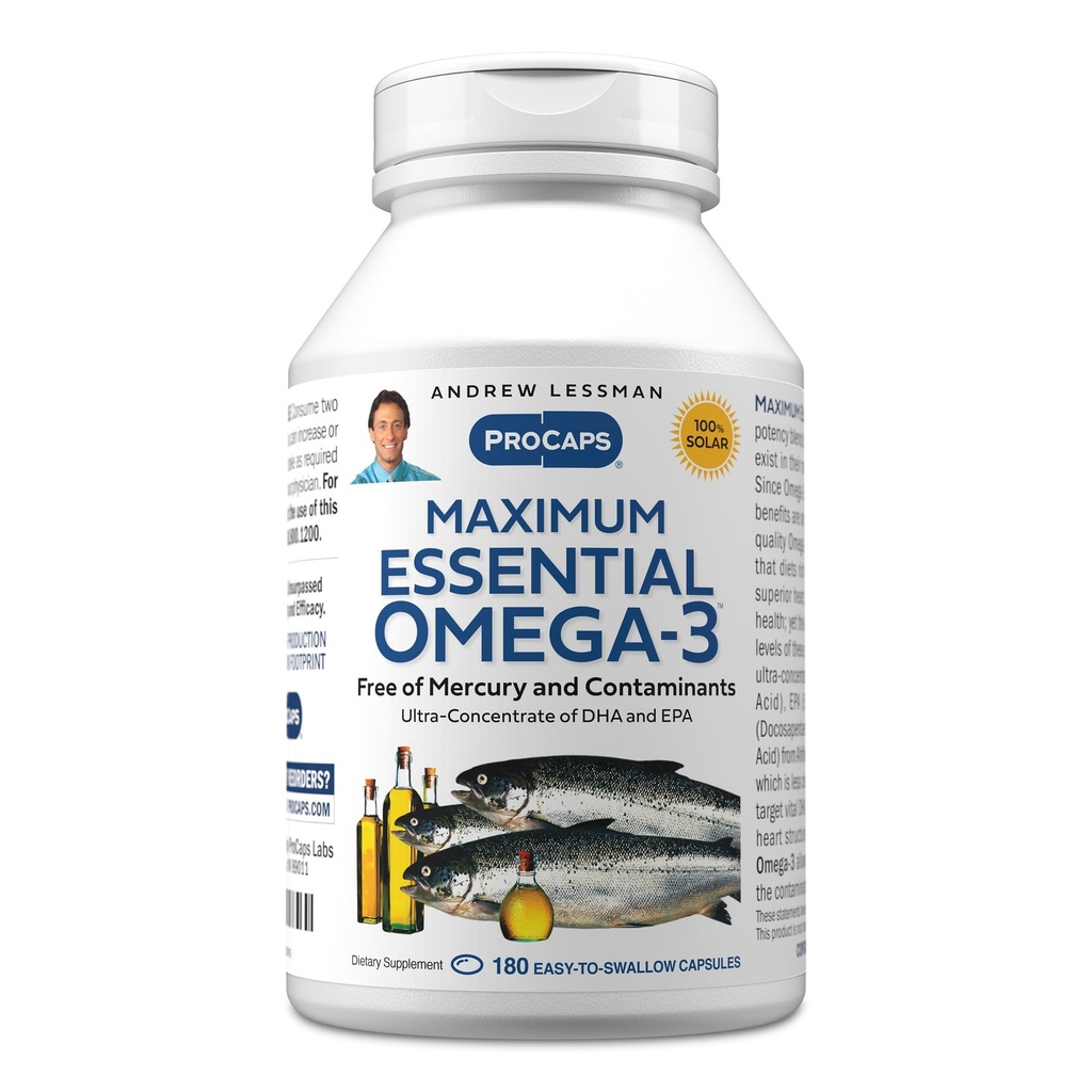 ANDREW LSSMAN Maximum Essential Omega-3 Unflavored, 180 Softgels - Ultra-Pure Omega-3 Fish Oil 1200 mg- High DHA, Ingen Mercury Supplement- Small, Let at synke Fish Oil Capsules