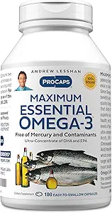 ANDREW LESSMAN Maximum Essential Omega-3 Unflavored, 180 Softgels - Ultra-Pure Omega-3 Fish Oil 1200 mg-High DHA, No Mercury Supplement-Small, Easy to Swallow Fish Oil Capsules
