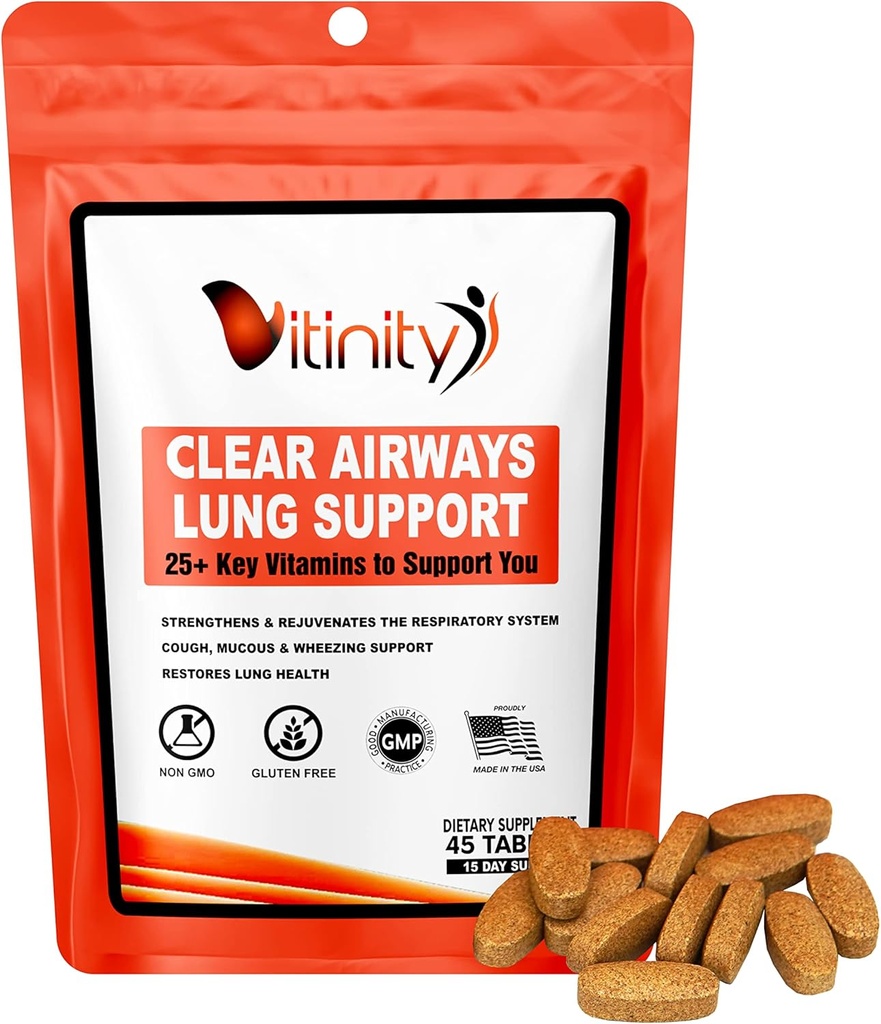 VITINITY Lung Cleanse Respiratorisk immunforsvar Support, 25 + Key Ingredient Lung Health Detox til vejrtrækning, Astma, Sæsonallergitabletter (15 dag)