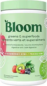 Bloom Nutrition Superfood Green Powder, fordøjelsesenzymer med probiotika og Prebiotika, Gut Health, Bloating Relief for Women, Chlorella, Juice Mix med Beet Root Powder, 25 SVG, Jordbær Kiwi