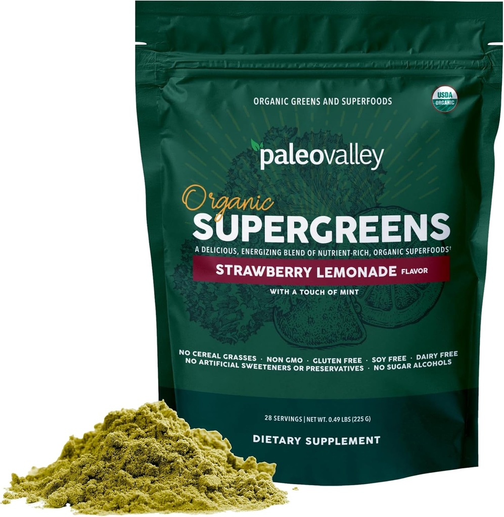 Paleodal Organic Supergreens - Organic Green Powder Superfood for immun Support - Paleo Green Powder Blend - 28 Servering - 23 Organic Superfoods - Gluten Free, Ingen cereal grasses, Soy eller Grain