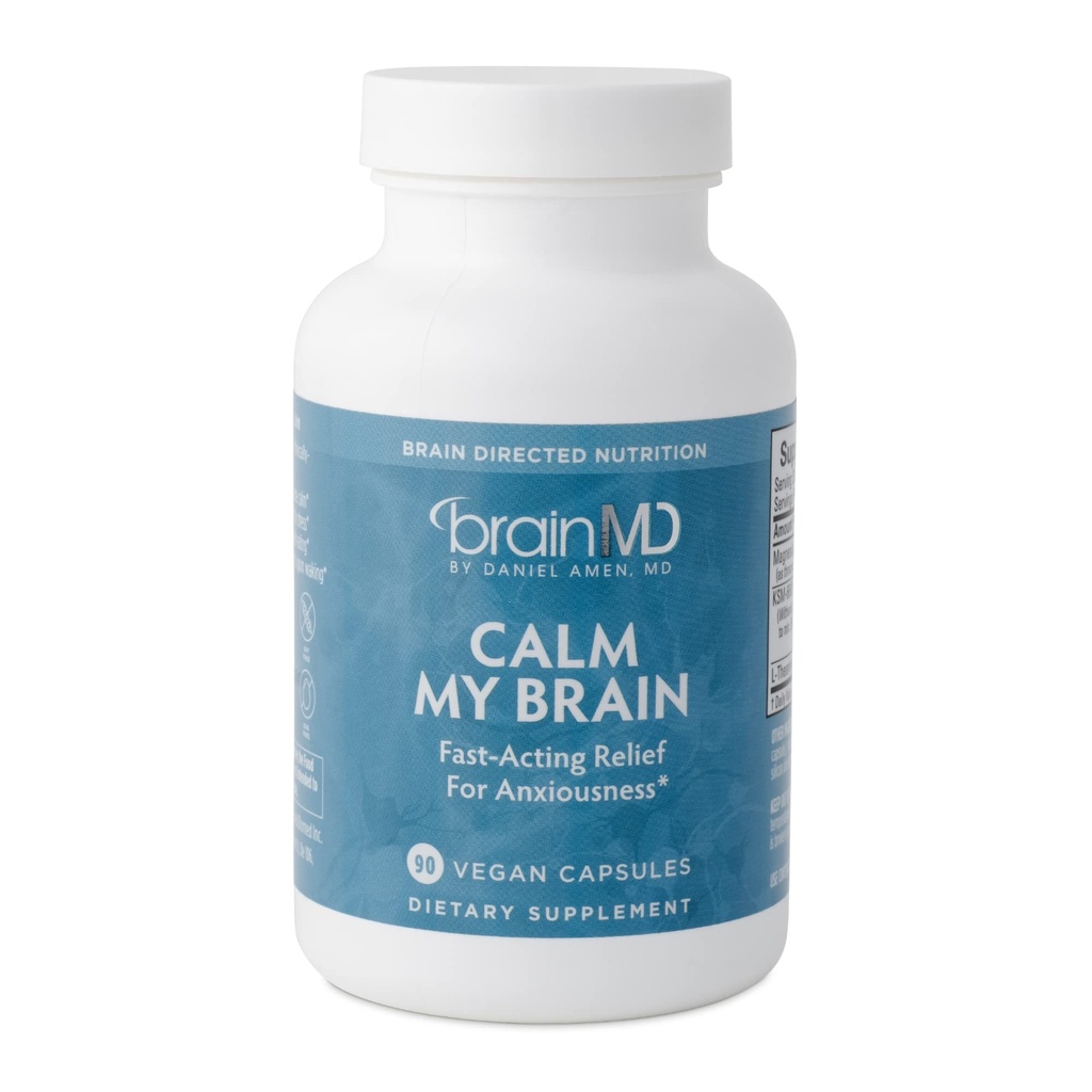 Dr. Amen BrainMD Calm My Brain - 90 Veganske kapsler - Fast- Fungerende formel med Magnesium, Ashwagandha & L- Theanine - 30 Serveringer