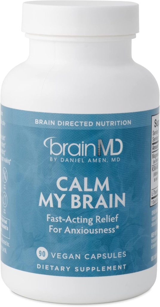 Dr. Amen BrainMD Calm My Brain - 90 Veganske kapsler - Fast- Fungerende formel med Magnesium, Ashwagandha & L- Theanine - 30 Serveringer